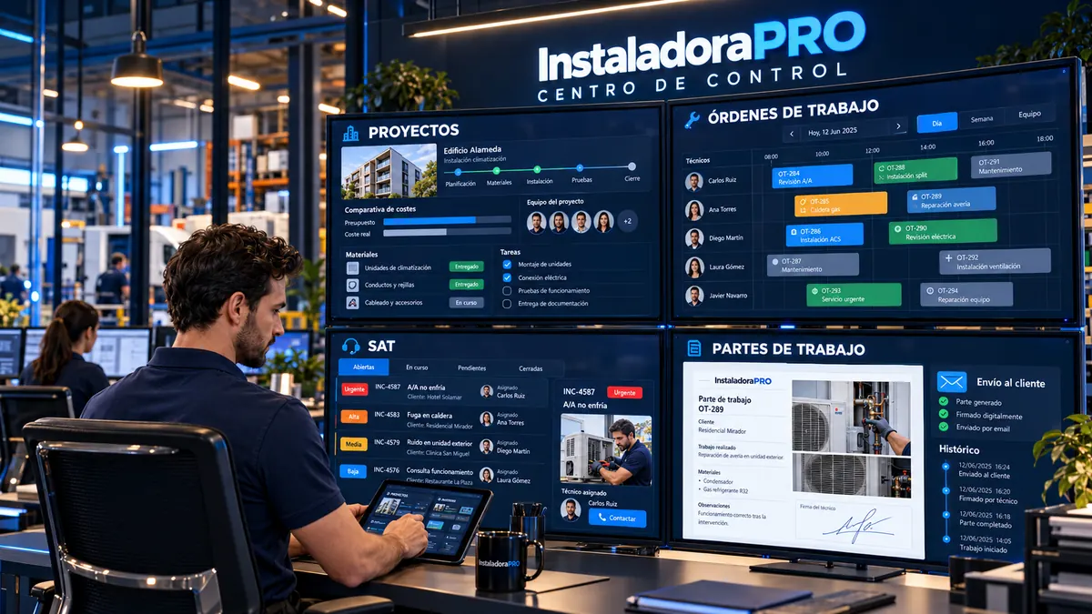 Responsable de oficina revisando proyectos, órdenes de trabajo, avisos de SAT y partes firmados