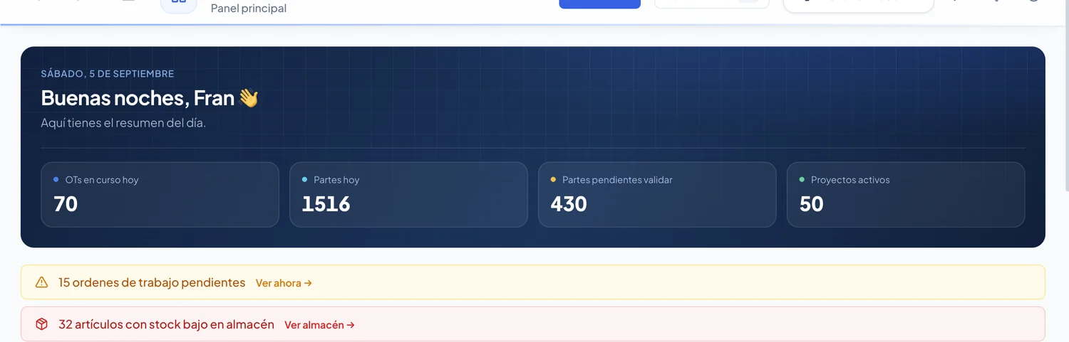 Panel principal de InstaladoraPro mostrando las órdenes de trabajo en curso, partes registrados, partes pendientes de validar y proyectos activos del día
